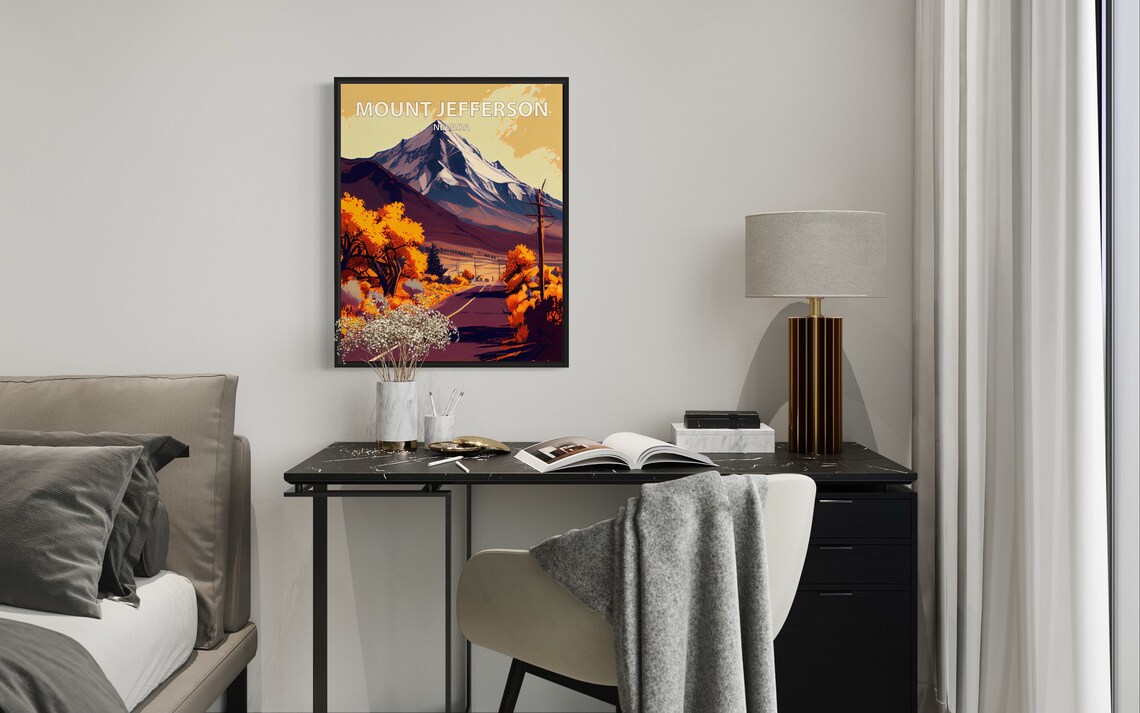 Mount Jefferson Nevada Snowy Summit Autumn Road Retro Travel Poster - Image 2