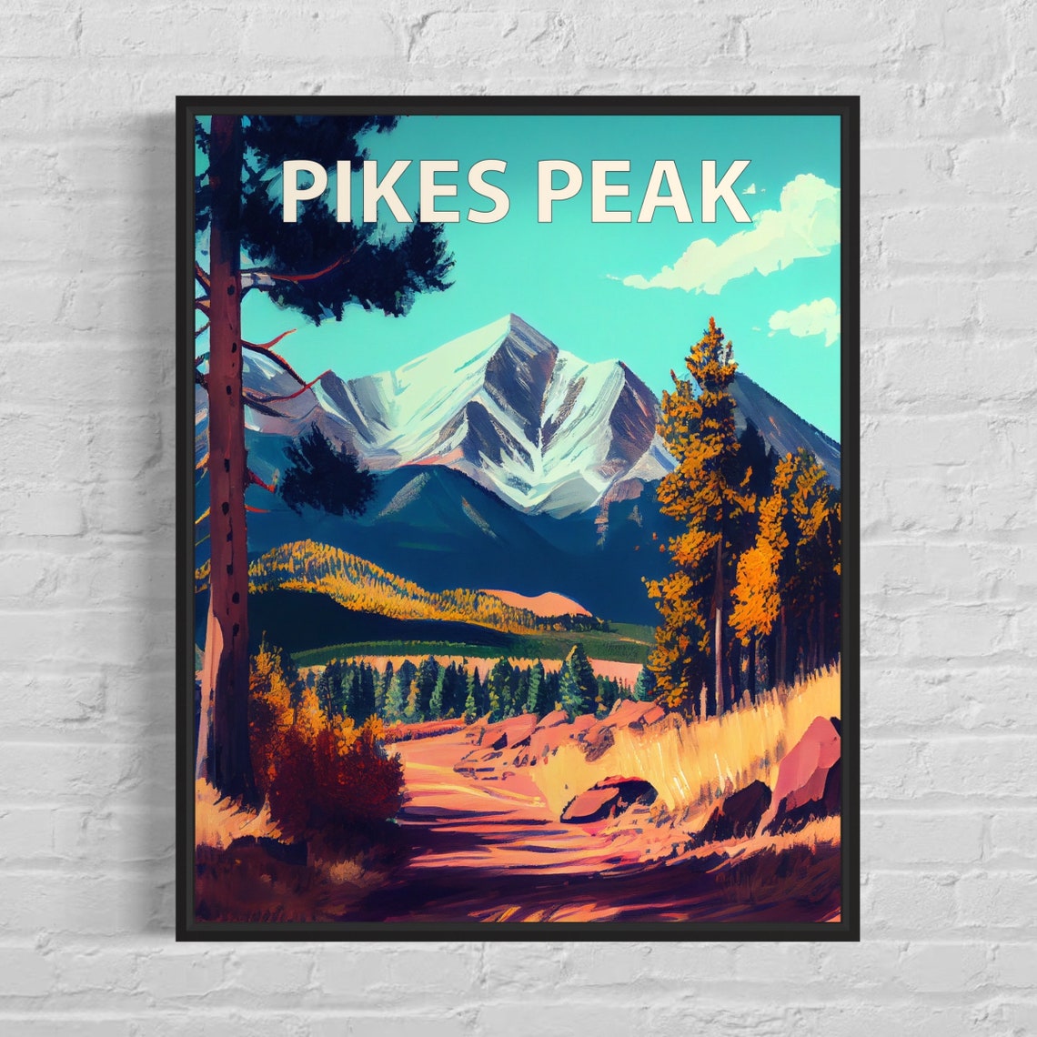 Pikes Peak Snowcapped Summit Golden Autumn Forest Travel Poster