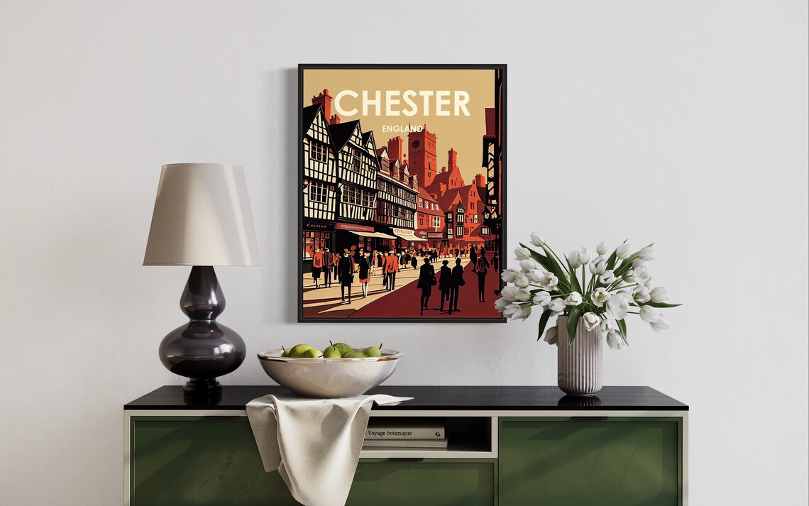 Chester England Old Town Street Crowd Sepia Retro Art Poster - Image 3