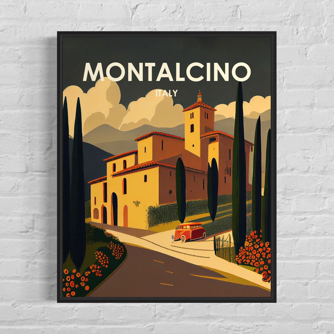 Montalcino Italy Tuscan Villa Cypress Trees Vintage Car Travel Poster