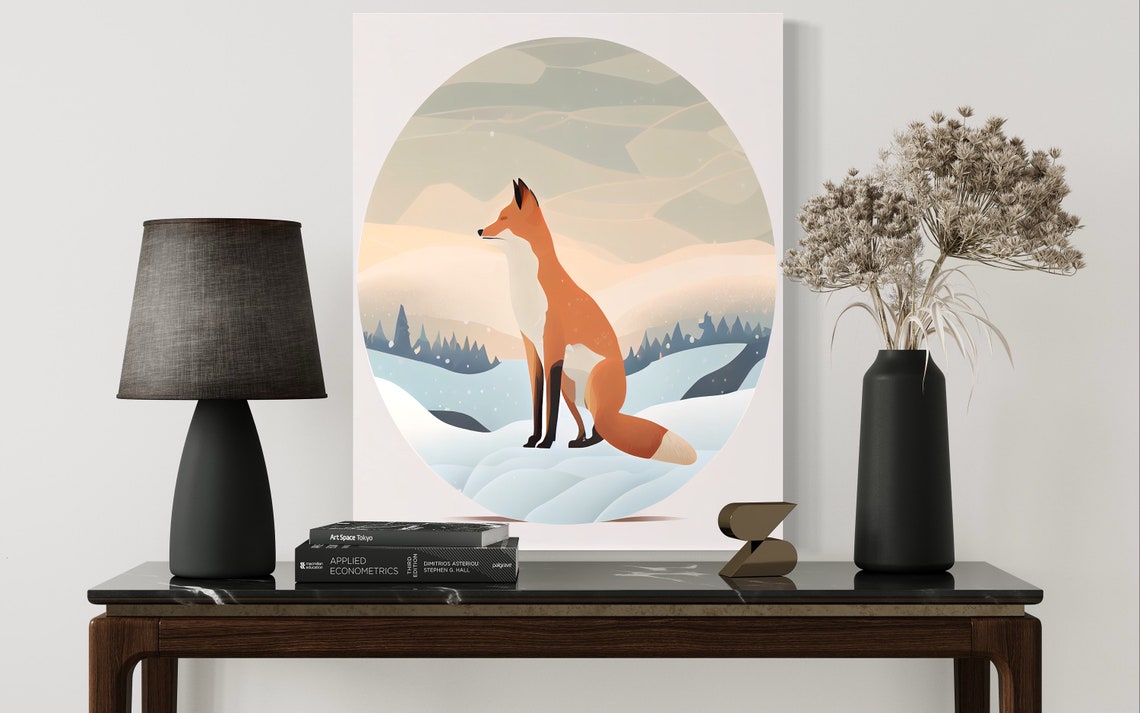 Red Fox Sitting Quietly in a Snowy Mountain Circle Art Poster - Image 2