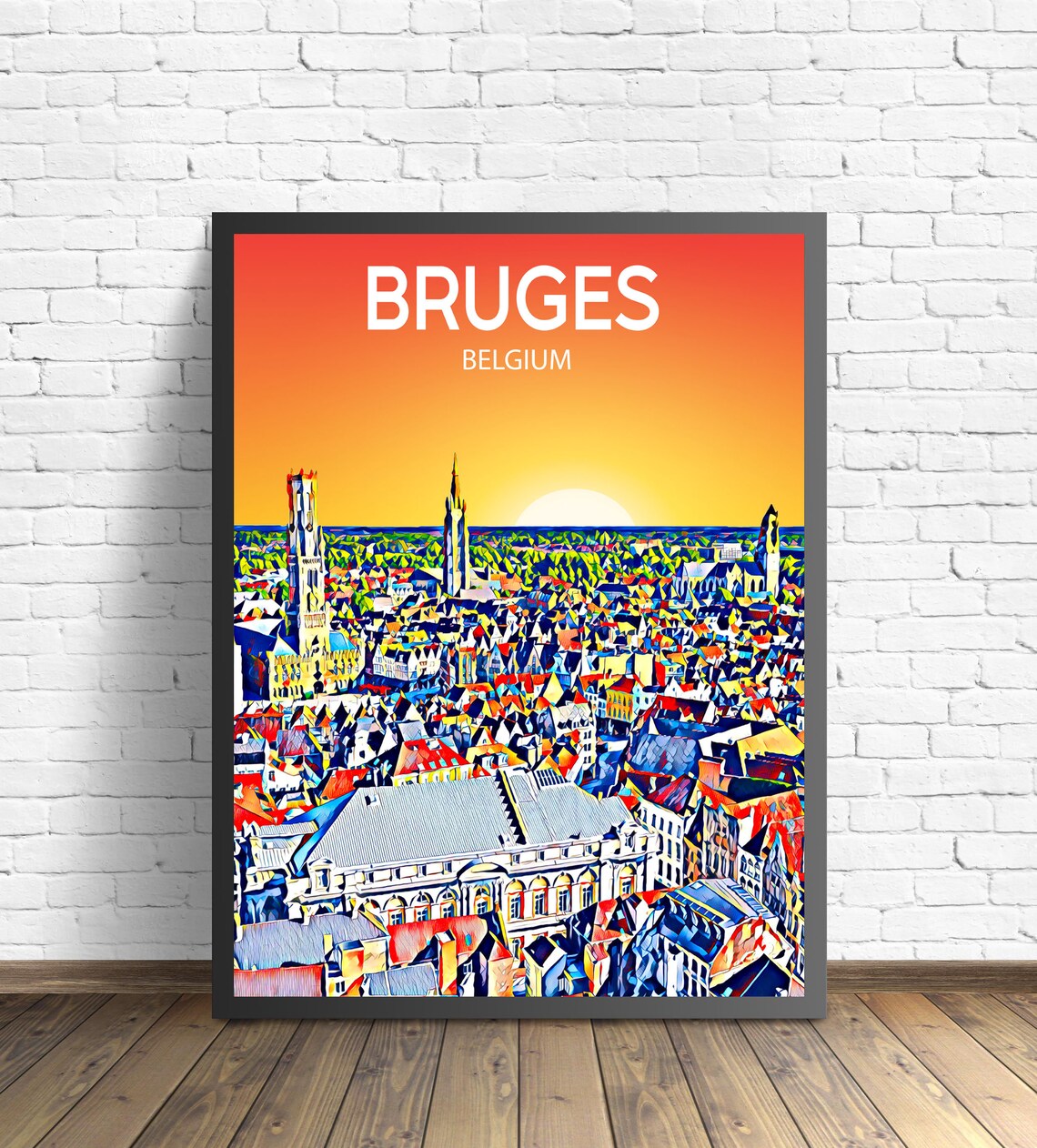 Bruges Belgium Sunset Skyline Belfry Towers Travel Poster Art