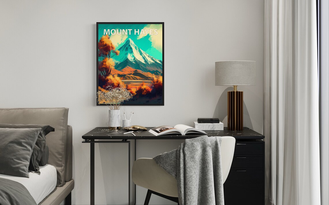 Mount Hayes Snowy Pyramid Peak Autumn Valley Retro Travel Art Poster - Image 2