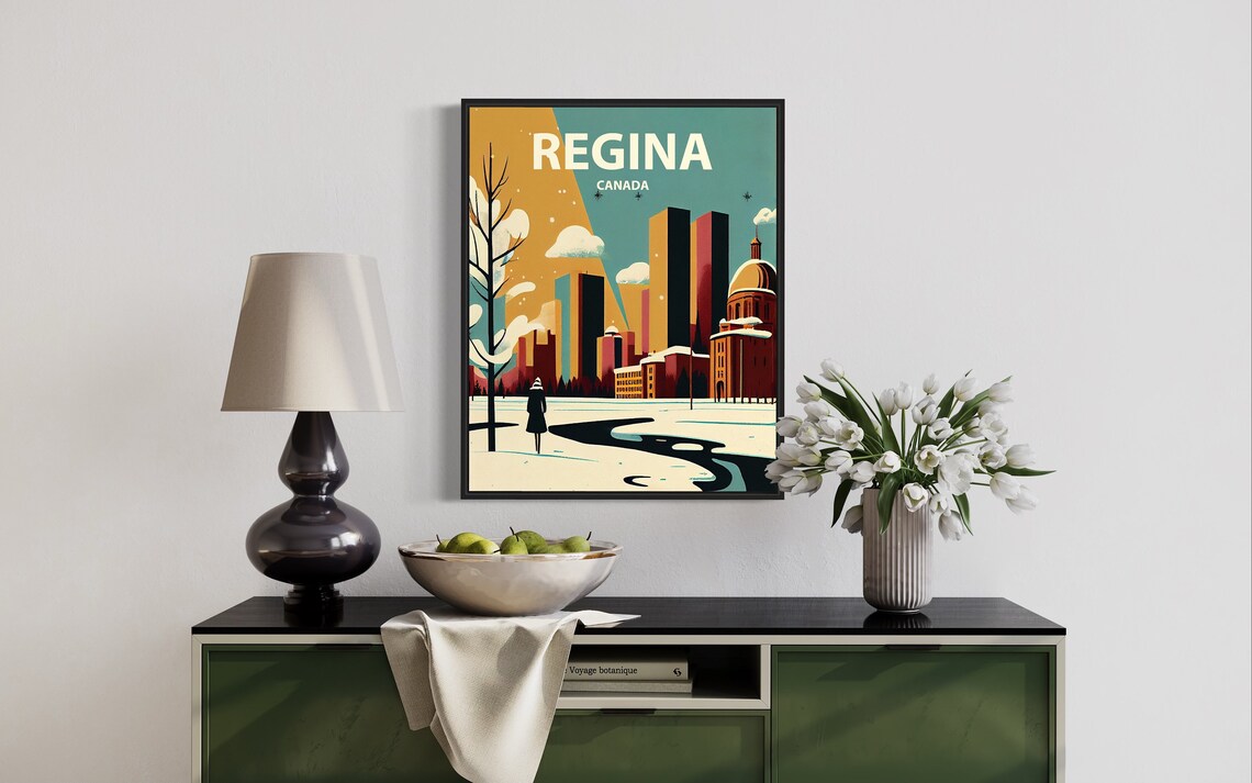 Vintage Regina Canada Winter Snowfall City Skyline Travel Poster - Image 3