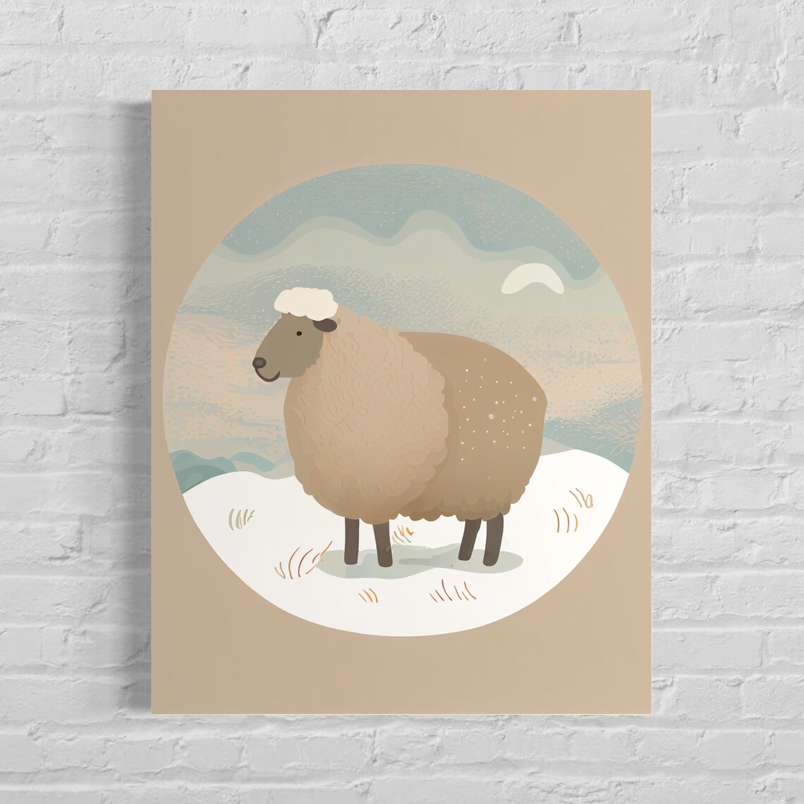 Fluffy Sheep Standing in a Snowy Meadow Minimal Retro Art Poster
