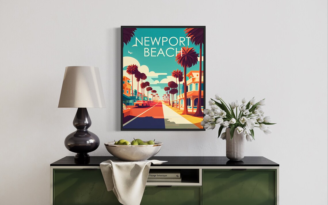 Newport Beach California Red Palm Street Retro Travel Art Poster - Image 3