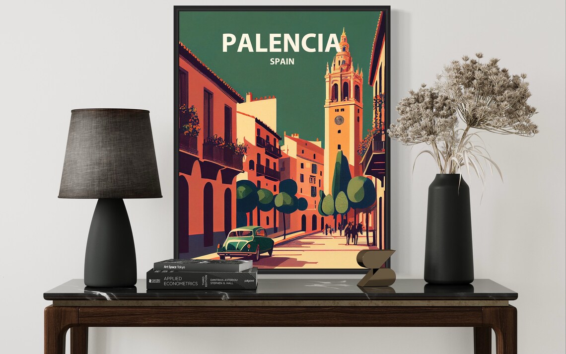 Palencia Spain Cathedral Tower Vintage Car Street Travel Poster - Image 3