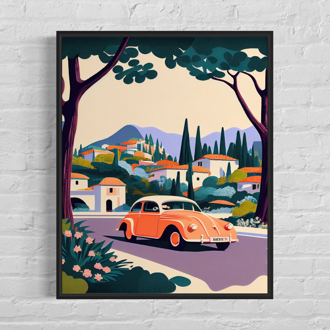 Mougins France Orange Vintage Car Driving Past Villas Retro Poster