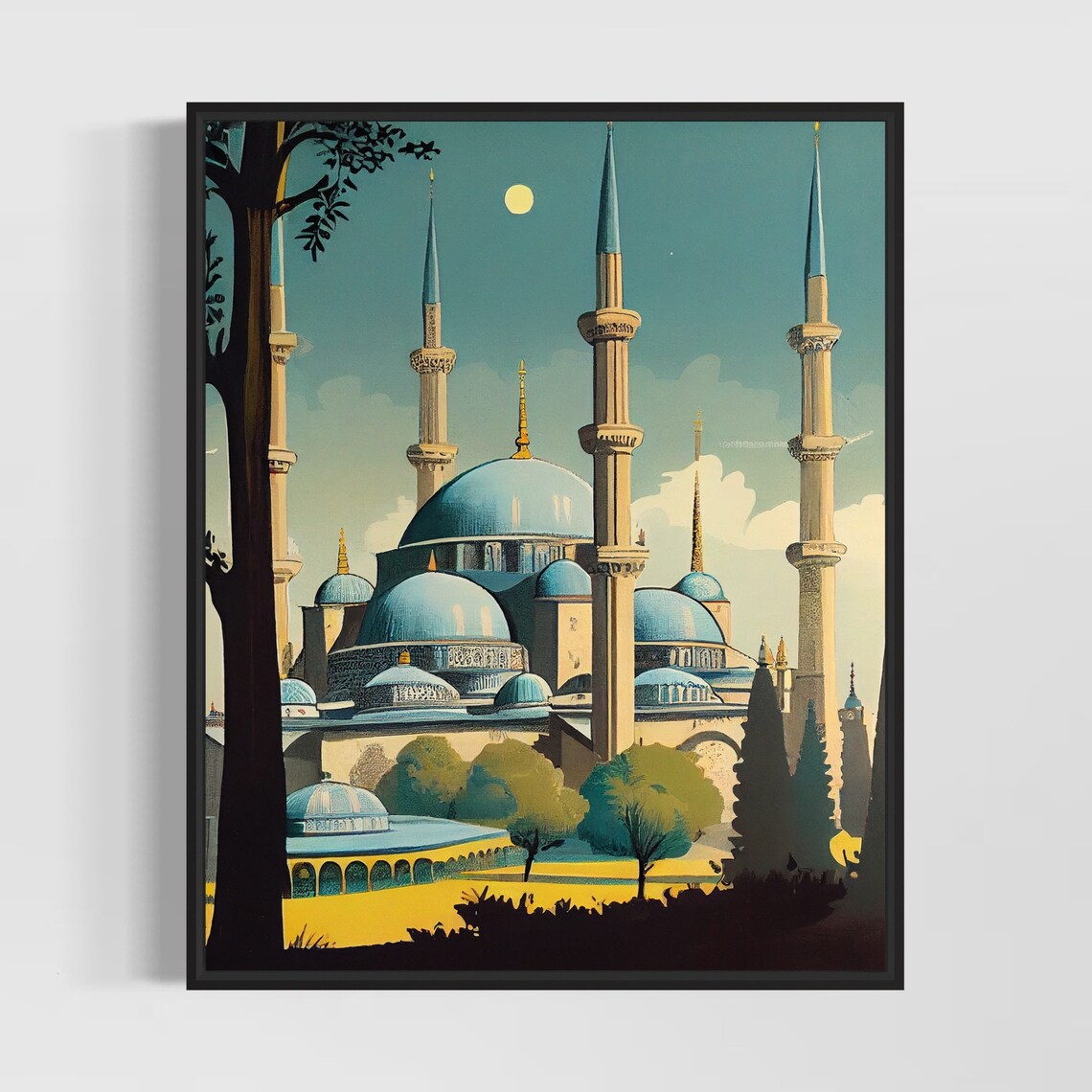 Istanbul Blue Mosque at Night Retro Ottoman Minarets Travel Poster