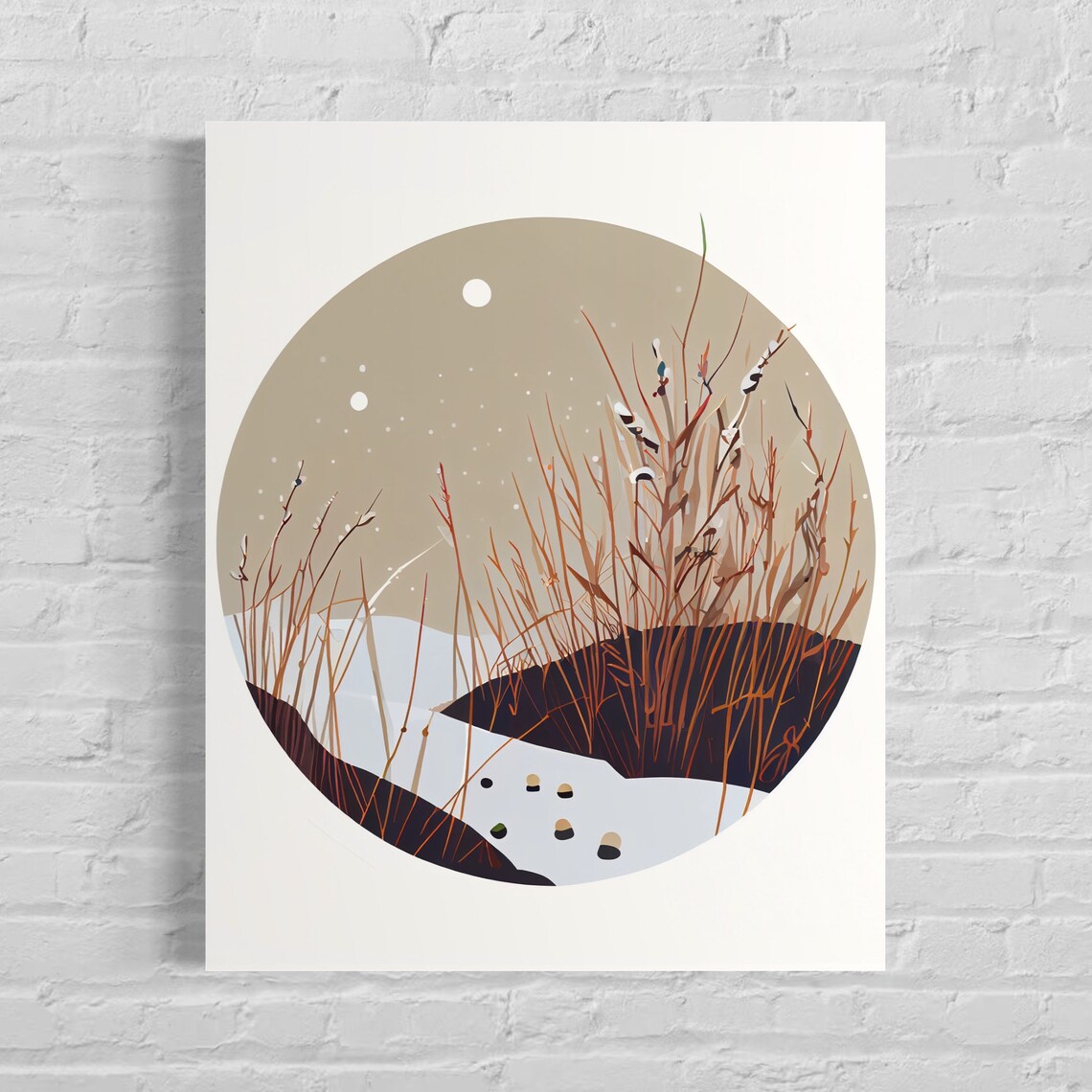 Snowy Winter Pond at Dusk With Reeds and a Rising Moon Art Poster