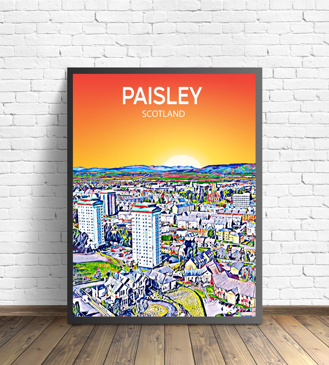 Paisley Scotland Sunset Skyline Colorful Pop Art City Travel Poster