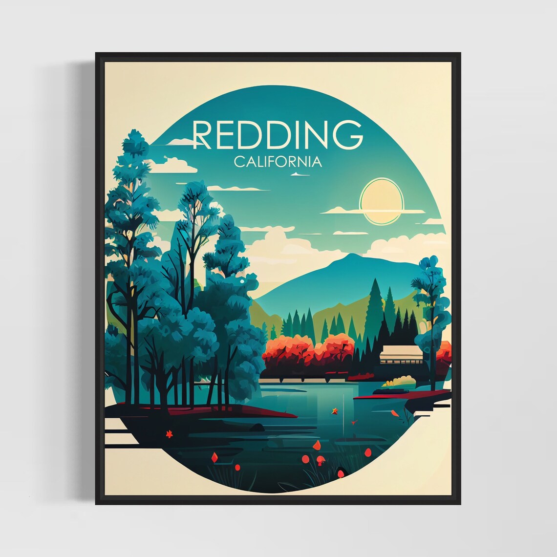 Redding California Circular Art Deco Pine Lake Sunset Poster