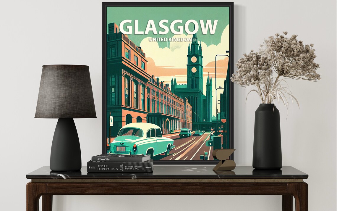 Glasgow United Kingdom Vintage Street Scene with Classic Car Poster - Image 3