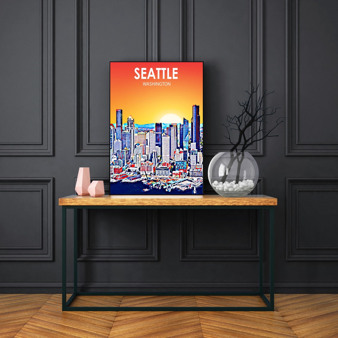 Seattle Washington Sunset Downtown Harbor Skyline Painted Art Poster - Image 3