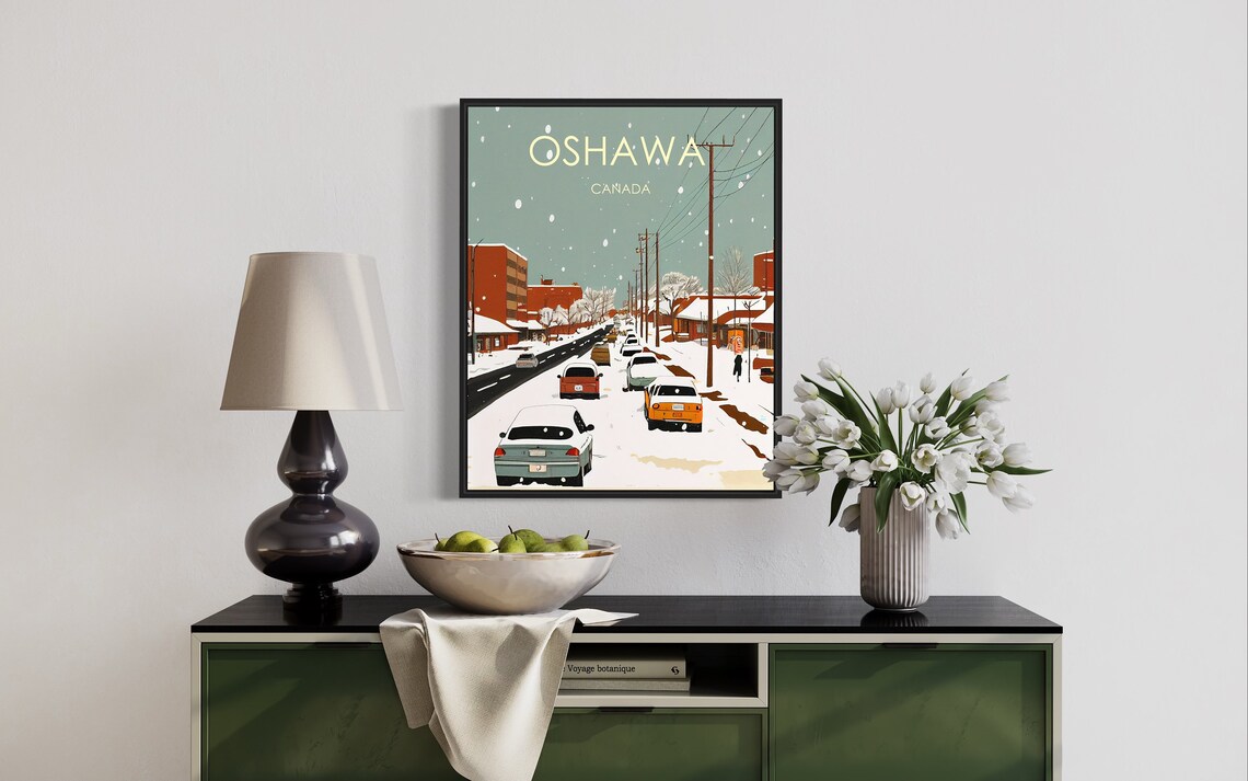 Oshawa Canada Retro Snowy Winter Street Vintage Cars Scene Poster - Image 2