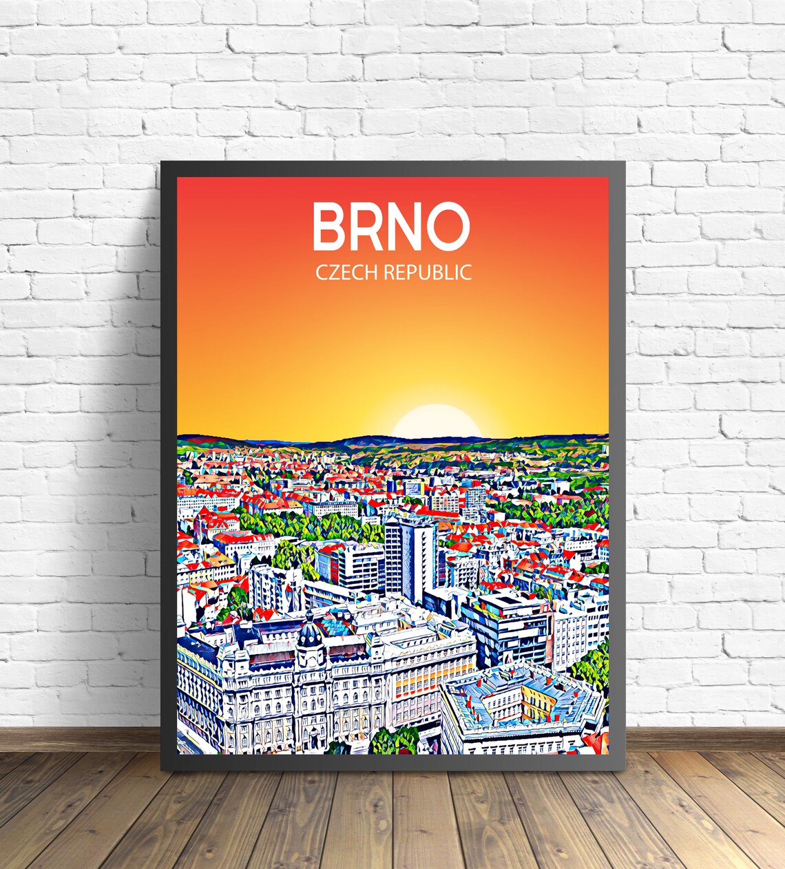 Brno Czech Republic Sunset Skyline Colorful Pop Art City Travel Poster