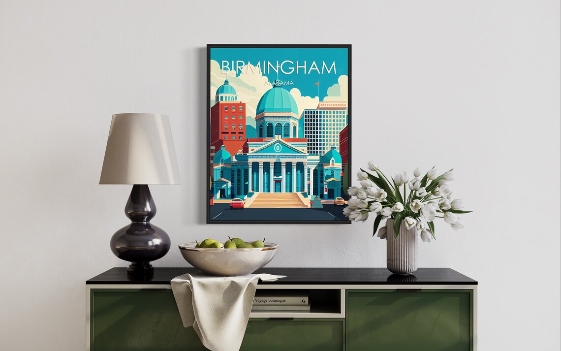 Birmingham Alabama Courthouse Downtown Skyline Vintage Art Poster - Image 2