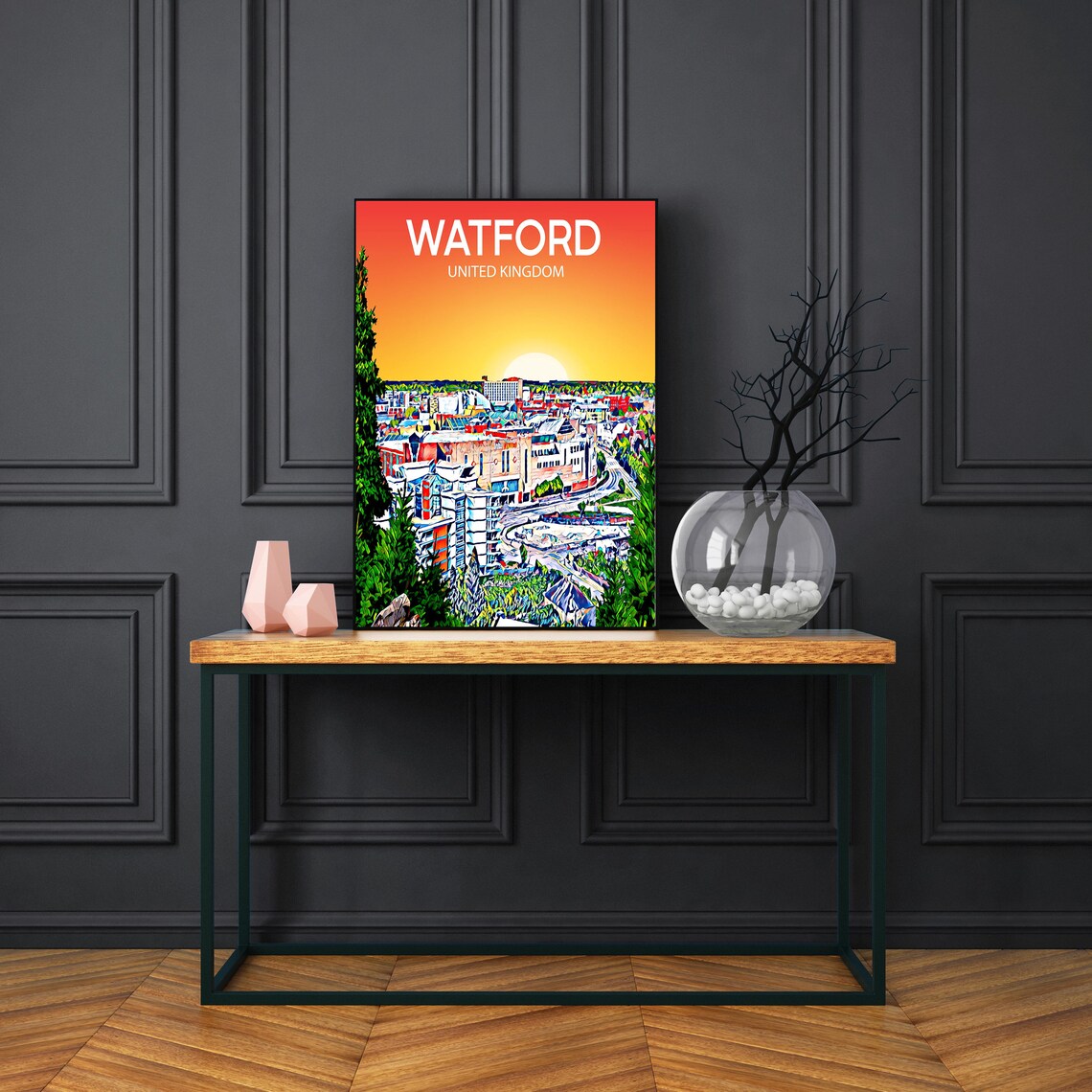 Watford England Sunset Skyline City Panorama Pop Art Travel Poster - Image 3