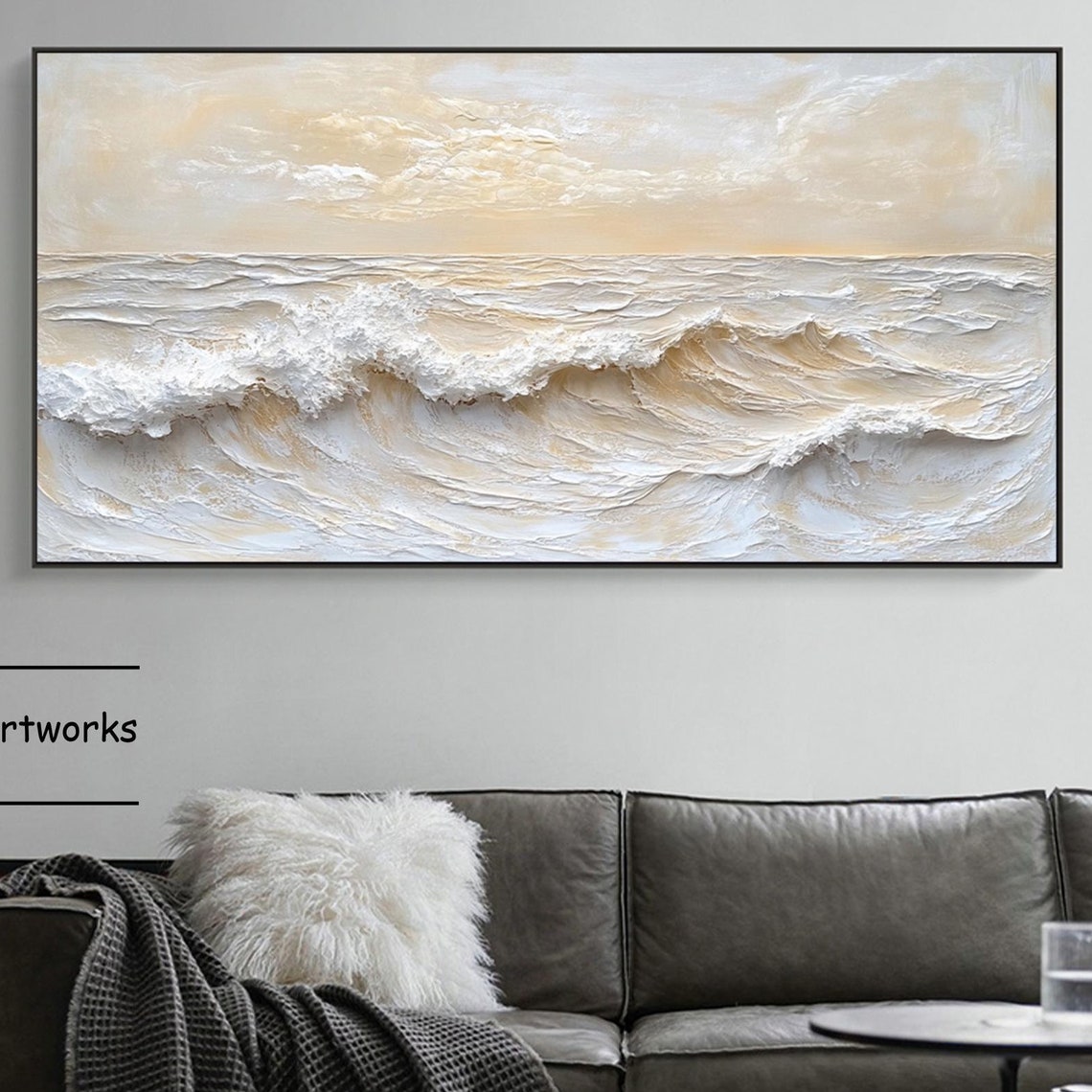 Beige Ocean Waves With White Foam Textured Coastal Art Poster