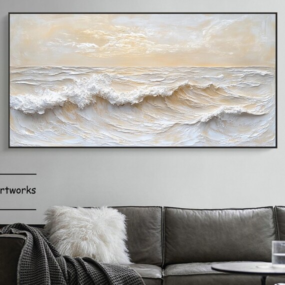 Beige Ocean Waves With White Foam Textured Coastal Art Poster