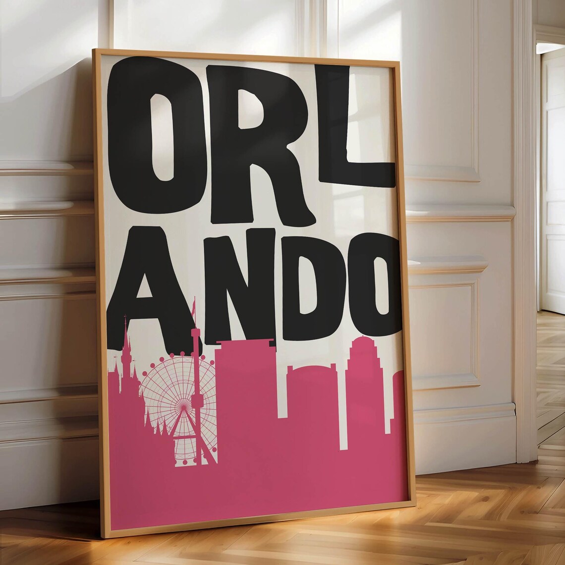 Orlando Skyline Retro Ferris Wheel Pink Black Florida City Poster
