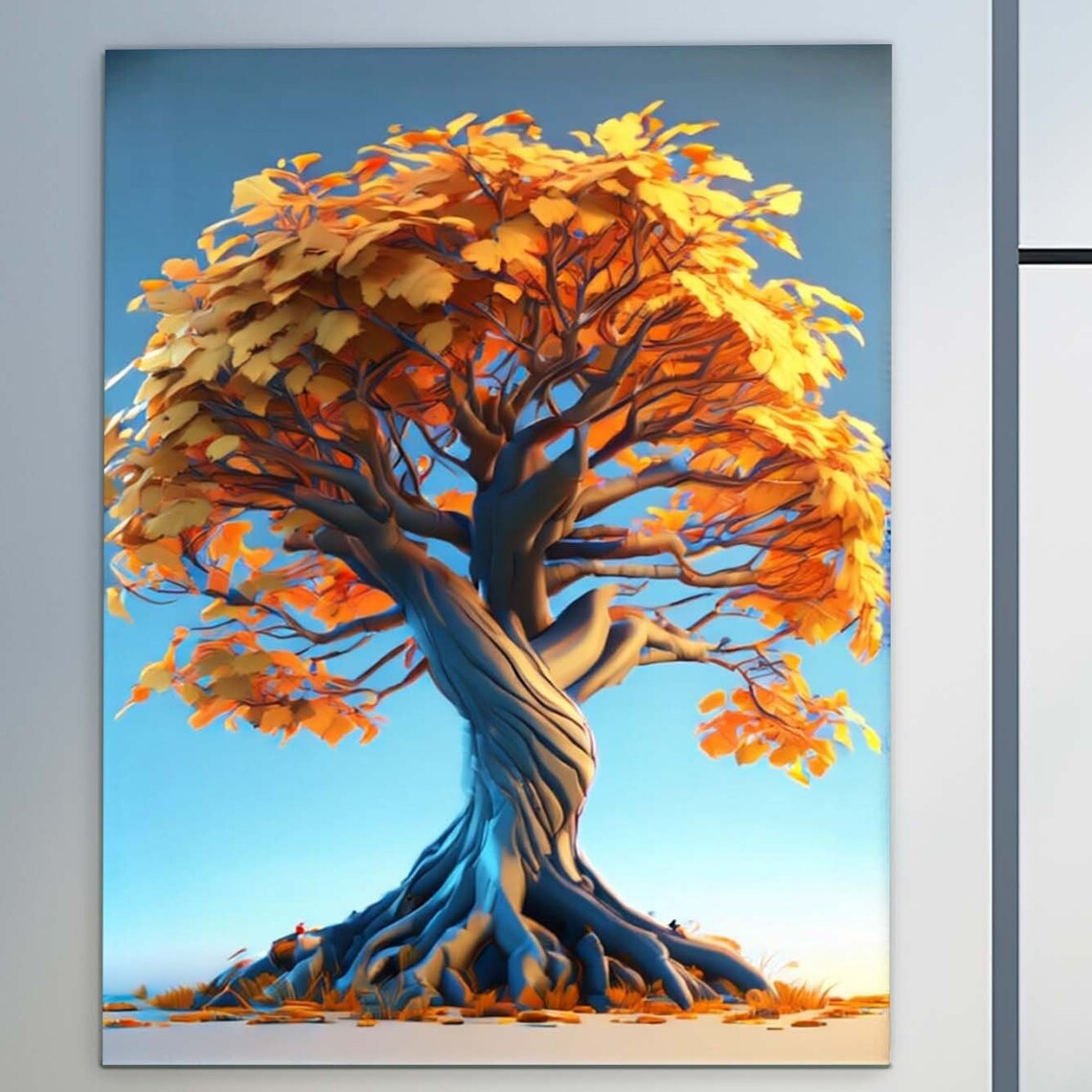 Orange Autumn Tree Blue Sky Twisted Trunk Fall Wall Art Poster