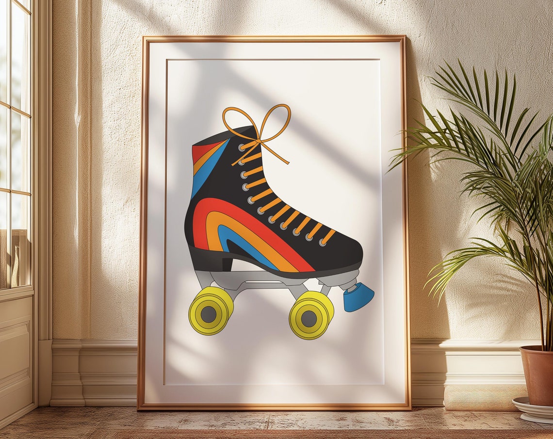 Retro Rainbow Roller Skate Black Quad Skate 70s Colorful Wall Poster