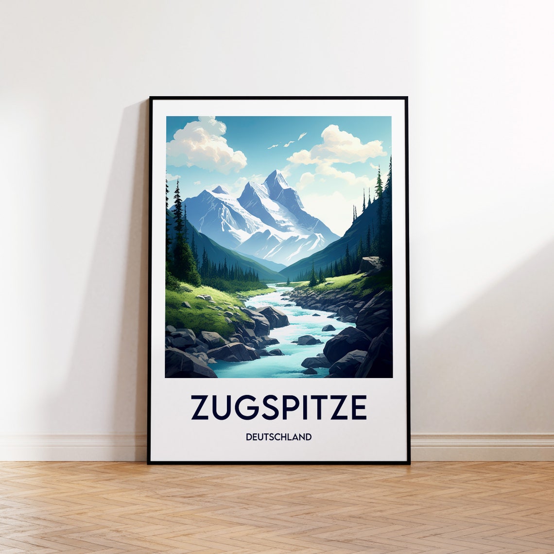 Zugspitze Deutschland Alpine Mountain River Vintage Travel Poster