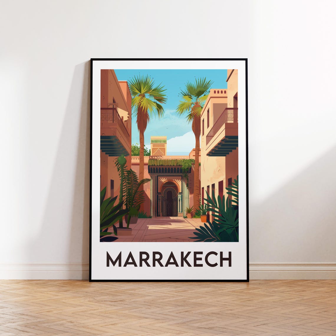 Marrakech Riad Courtyard Palm Trees Morocco Vintage Travel Poster