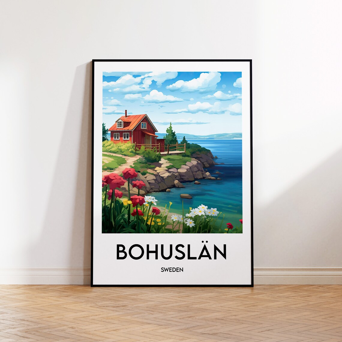 Bohuslan Sweden Red Cottage Rocky Coast Wildflowers Travel Poster