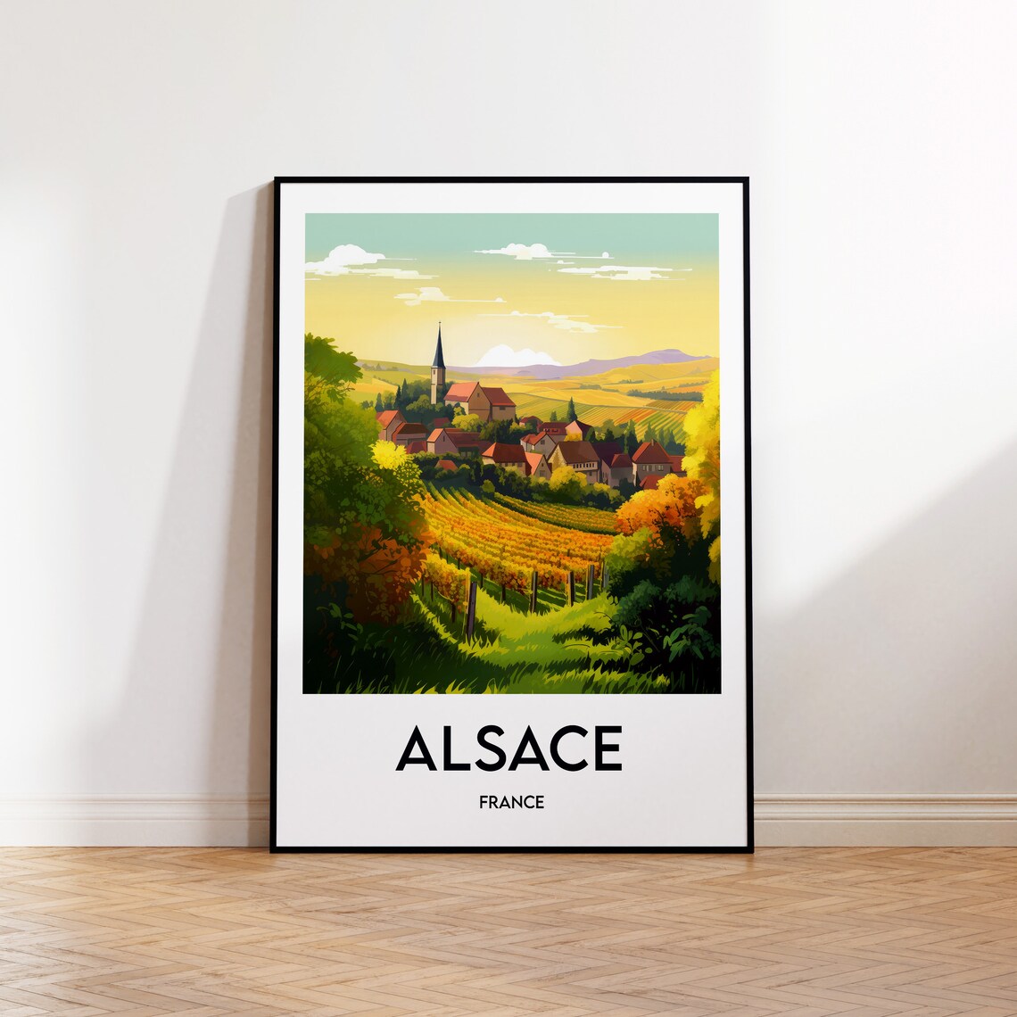 Alsace France Vineyards Village Church Retro Travel Art Poster