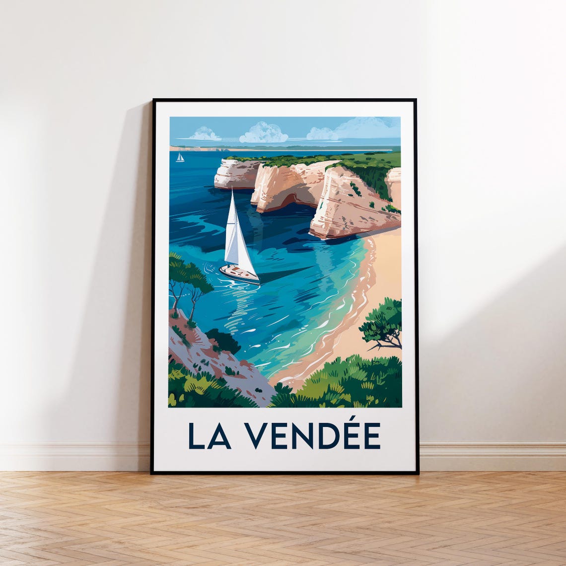 La Vendée France Sailboat Between White Cliffs Vintage Travel Poster