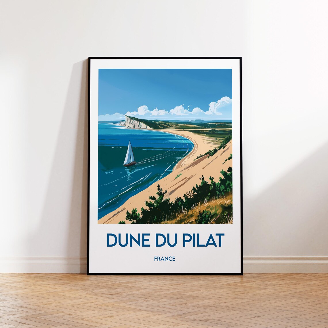 Dune Du Pilat France Sailboat Along Sandy Coast Travel Poster