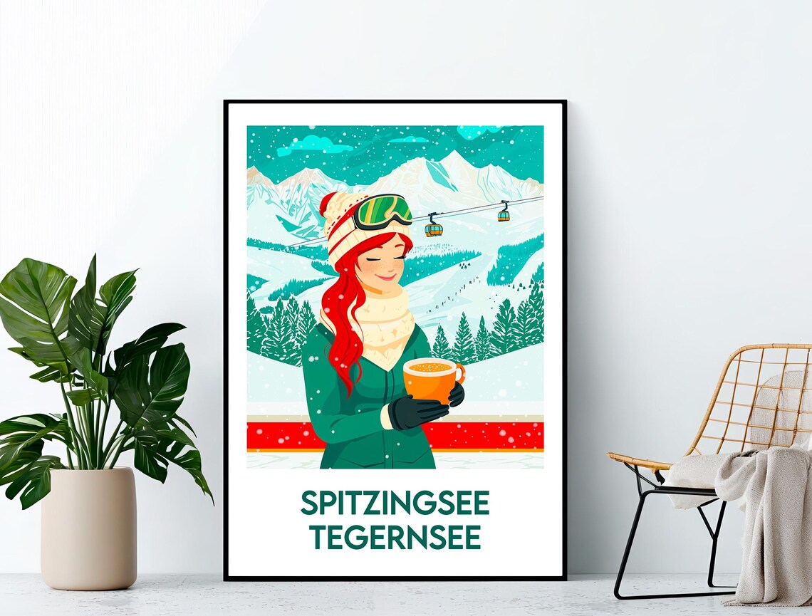 Spitzingsee Tegernsee Ski Travel Poster Woman With Cocoa Gondolas and Mountains