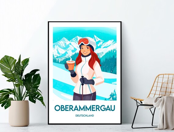Oberammergau Deutschland Ski Travel Poster Woman With Steaming Cup and Mountains