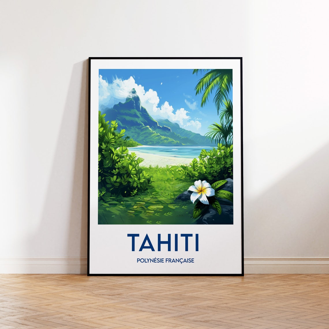 Tahiti French Polynesia Beach Mountain Vintage Travel Poster