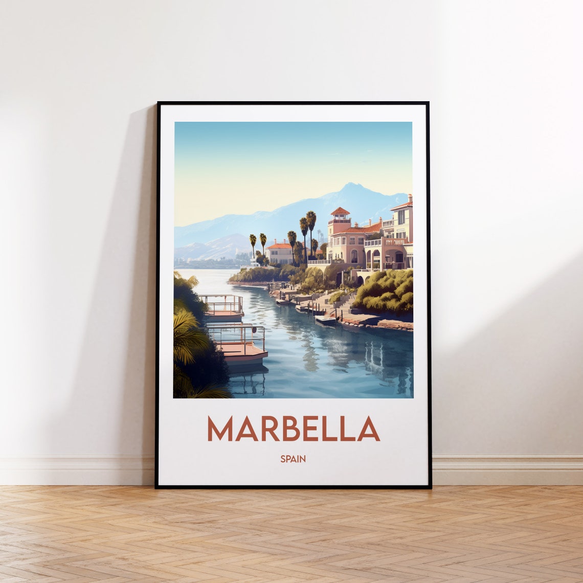 Marbella Spain Marina Villas Sunset Coast Vintage Travel Poster