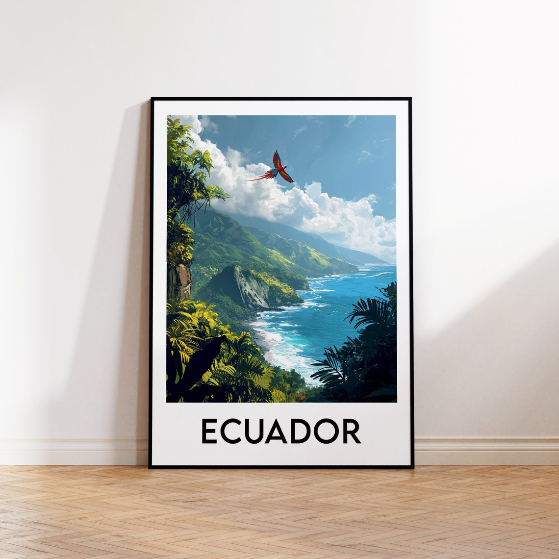 Ecuador Travel Poster with Scarlet Macaw over Tropical Coastline