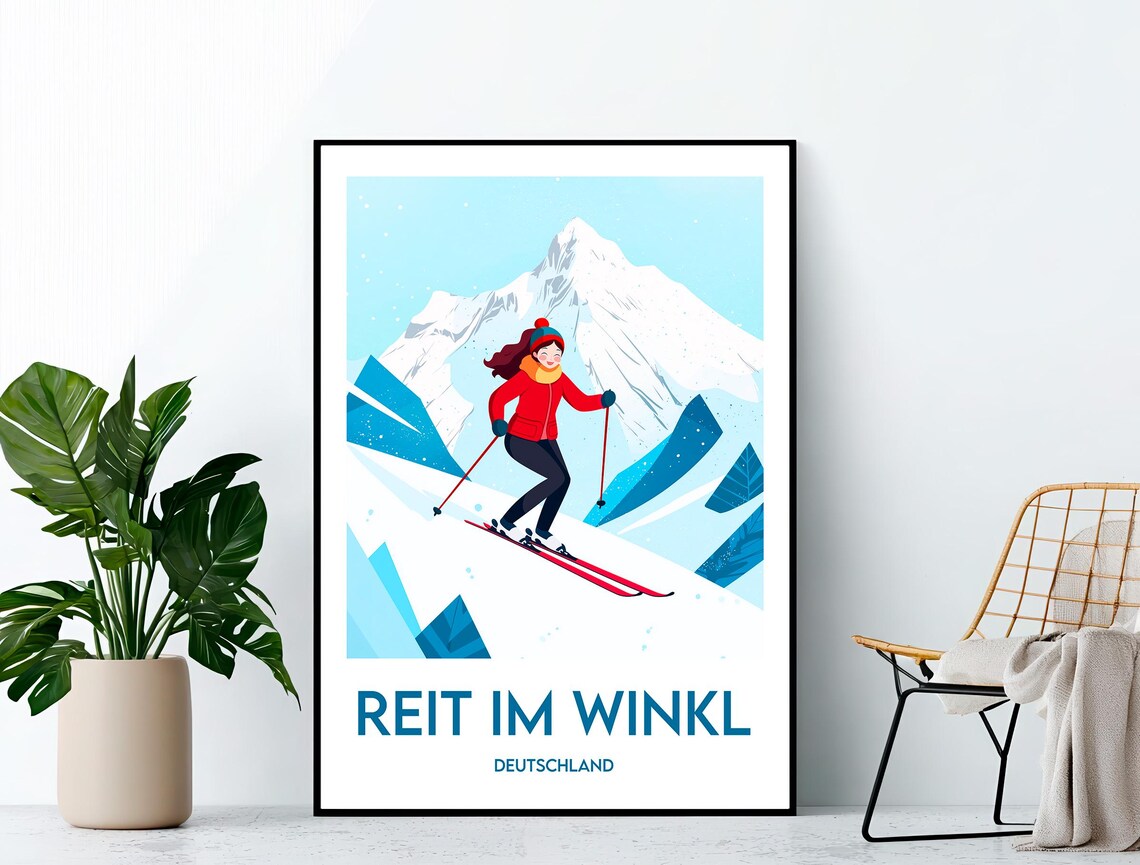 Reit im Winkl Deutschland Ski Travel Poster Woman Skier on Mountain Slope