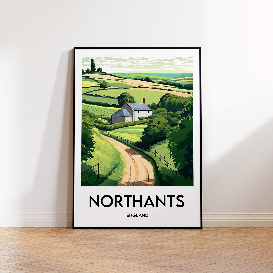 Northants England Vintage Travel Poster Rolling Hills Cottage Scene