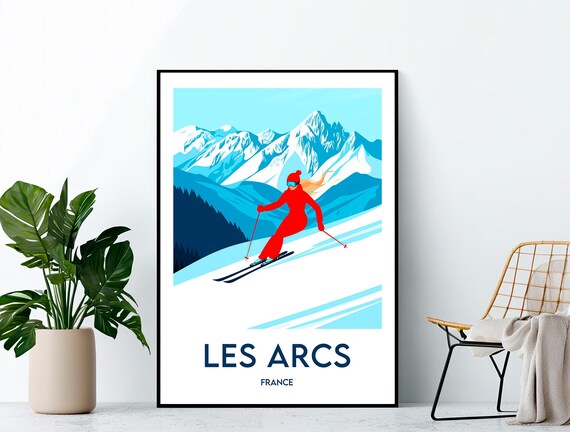 Les Arcs France Ski Travel Art Bold Red Skier Alpine Slopes Poster