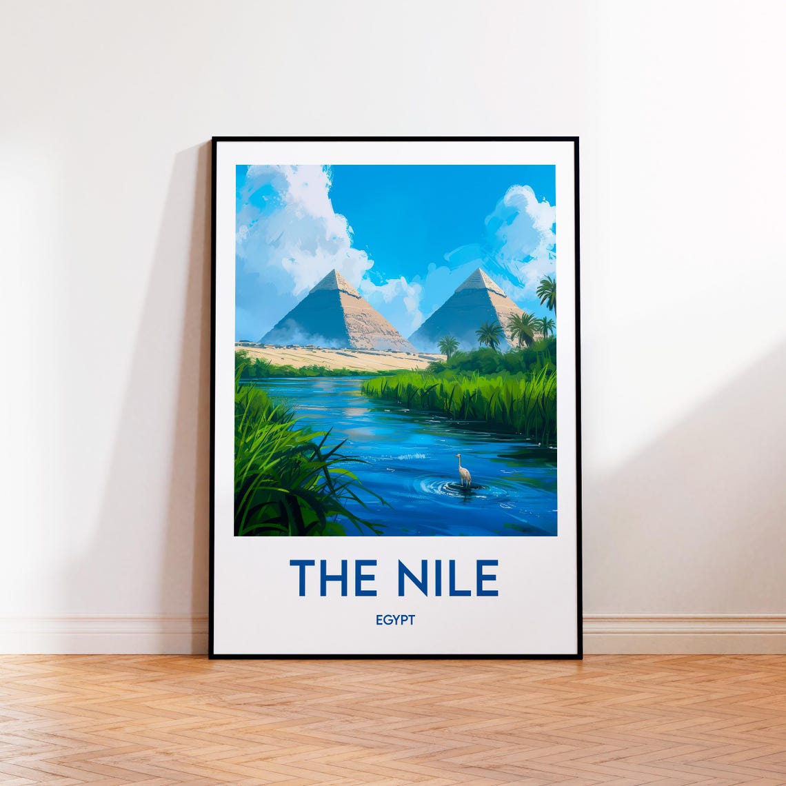 The Nile Egypt Pyramids River Heron Blue Sky Vintage Travel Poster