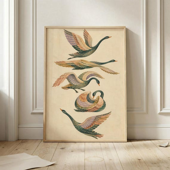 Swan Poster Folk Bird Wall Art Elegant Flying Print Cottagecore Nature Nursery Decor
