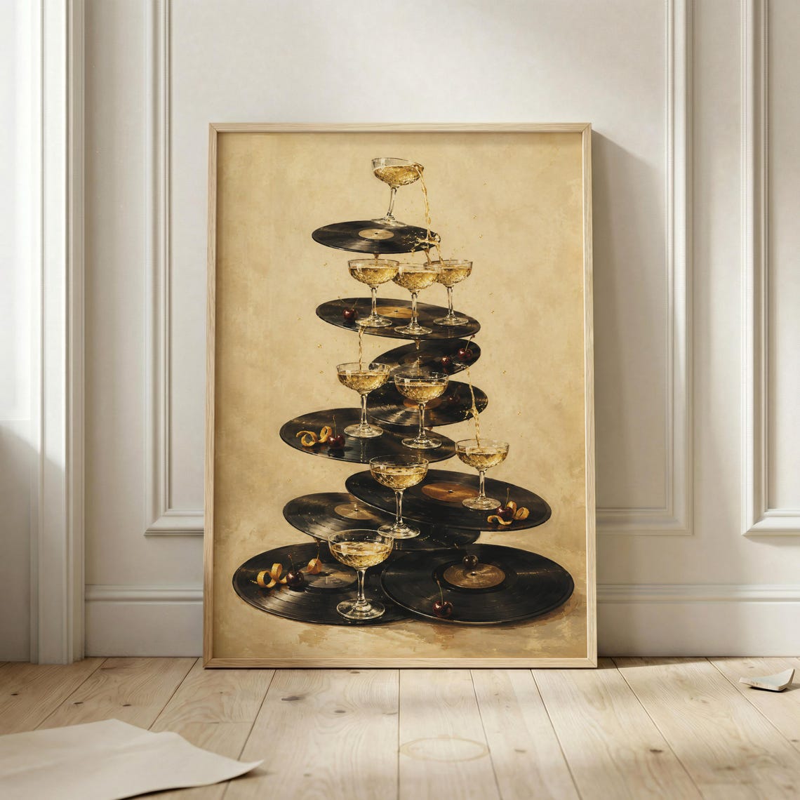 Champagne Tower Wall Art Print Vinyl Record Artwork Retro Cocktail Decor Glam Bar Cart Maximalist