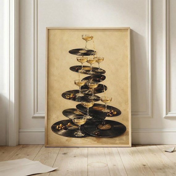 Champagne Tower Vinyl Records Golden Celebration Party Retro Poster