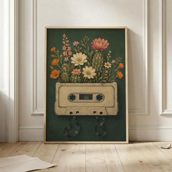 Vintage Cassette Tape Flower Print Retro Music Wall Art Floral Poster Cottagecore Botanical Artwork Nostalgic Home Decor