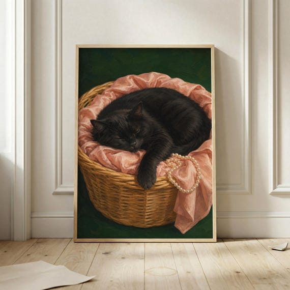 Sleeping Black Cat Poster Vintage Wall Art Cozy Basket And Pearls Print Dark Green Cottagecore Bedroom Decor Lover Gift