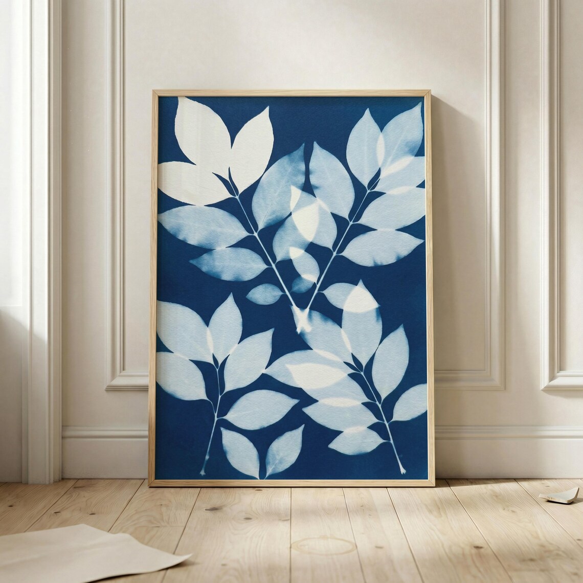Blue Botanical Cyanotype Poster, Minimalist Leaf Art