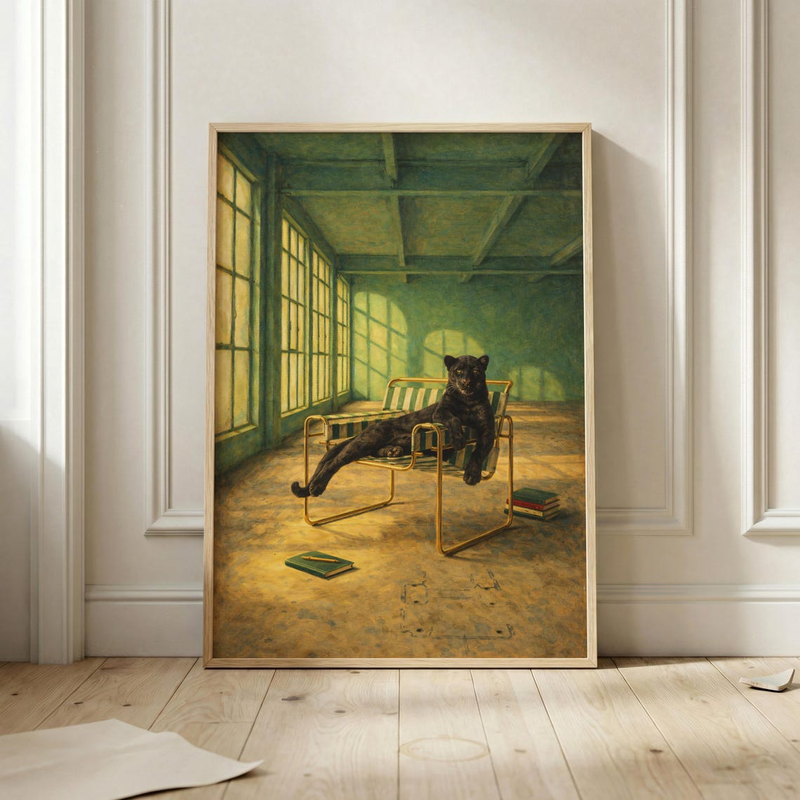 Black Panther Lounging on Chair Poster Surreal Wildlife Interior Art