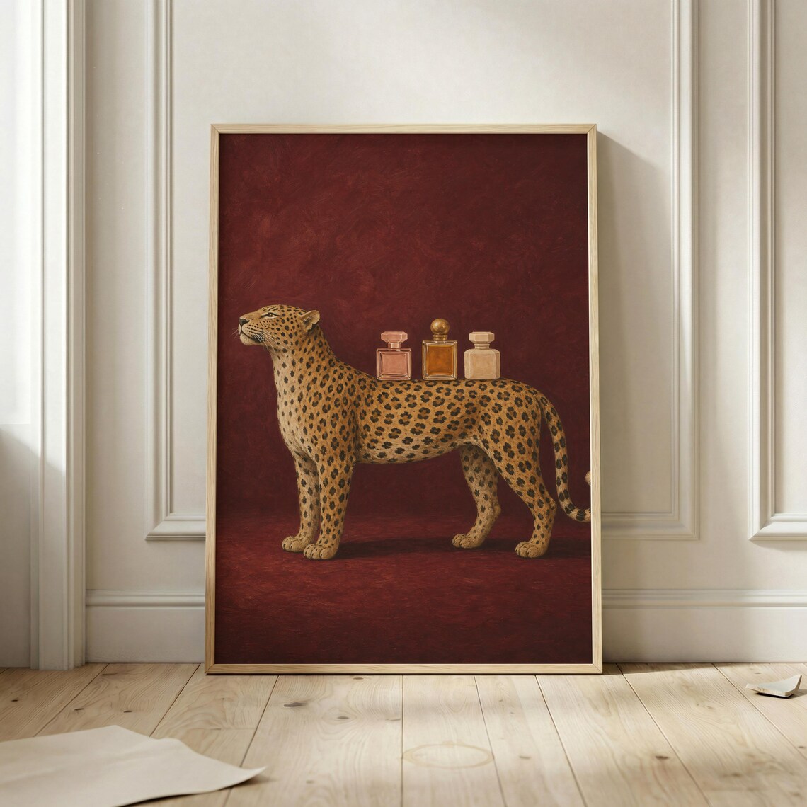 Leopard Perfume Surreal Animal Poster Burgundy Elegant Fashion Wall Decor